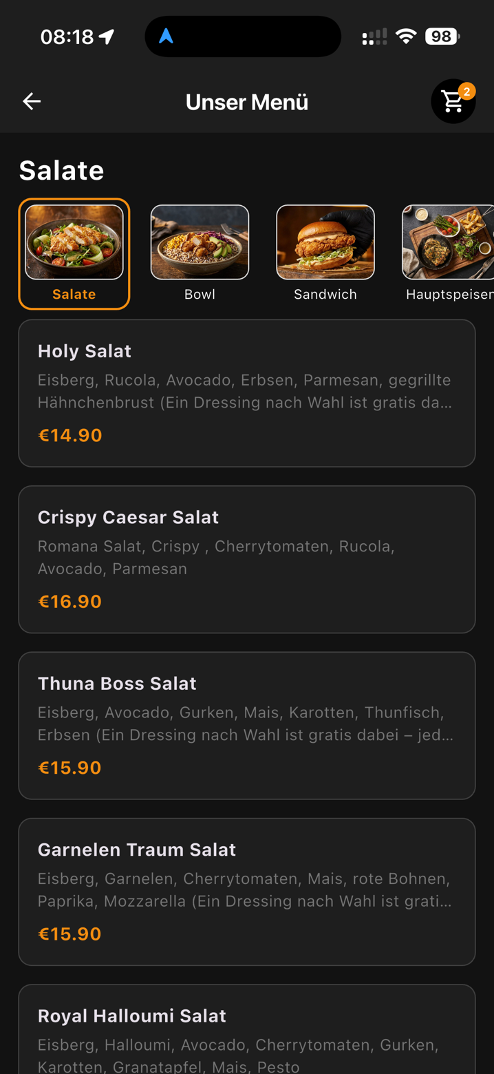 3D Delivery app menu with prices